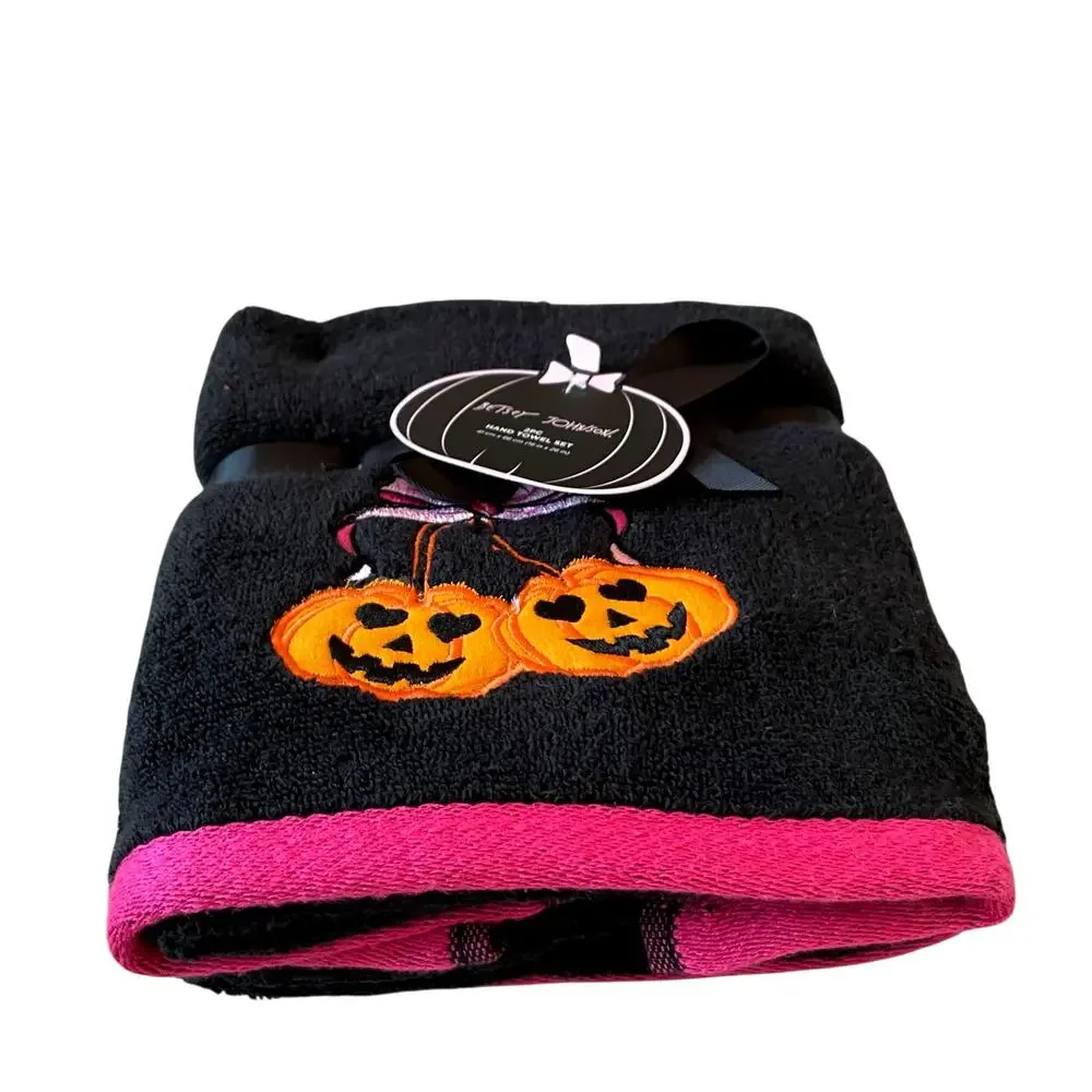 2pc Betsey Johnson Halloween Hand Towel 16x26 Cotton Embroidered Pumpkin Bow NEW